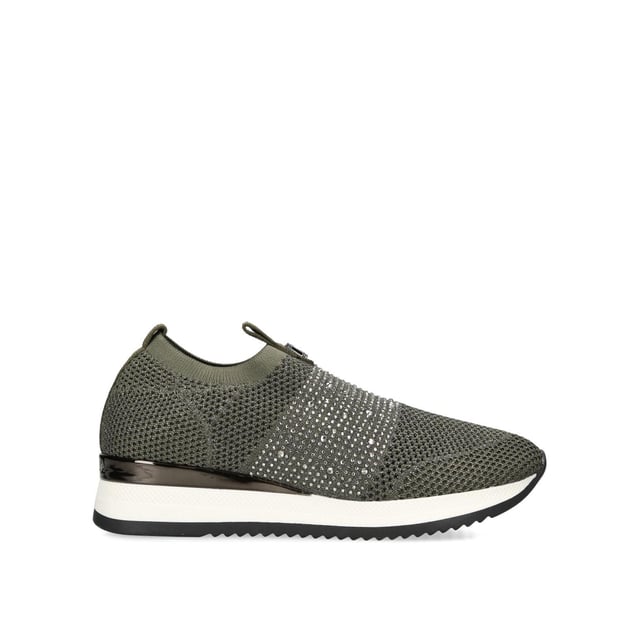 The Carvela Janeiro2 trainer features a khaki knitted upper in a low top sock-style. There is a silver crystal embellishment across the toe with Icon C metal stud.