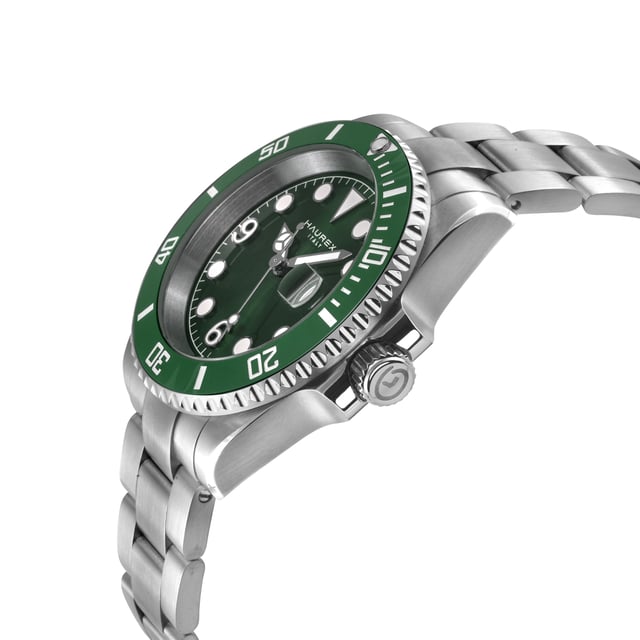 Haurex 4A512UVV Men's Barracuda Automatic WatchHaurex Men's Automatic Watch from the Barracuda Collection43mm Round 316L Stainless Steel Case, Green Ceramic BezelGreen Sunray Dial, Date at 5Push/Pull Crown, Exhibition Case back316L Stainless Steel Brushed Bracelet With Deployment BuckleAnti-reflective Sapphire CrystalWater Resistant to 50 Meters/5ATMAutomatic Miyota Ultra thin 9015