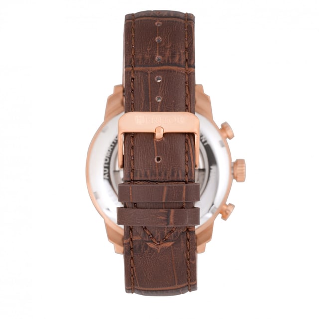 316L Surgical-Quality Stainless Steel Case; Jeweled Automatic Movement; Jewel Bearings: 20 Jewels; 42-Hour Power Reserve; Beats per Hour (BPH): 21600/Hour; Sapphire-Coated Mineral Crystal; Pattern Dial; Semi-Skeleton Dial; Observation Caseback to view Movement; Genuine Leather Crocodile-Embossed Strap; Logo-Engraved Stainless Steel Clasp; Luminous Hands; Luminous Markers; Day Sub-Dial; Date Sub-Dial; 45mm Diameter; 5 ATM Water Resistance;
