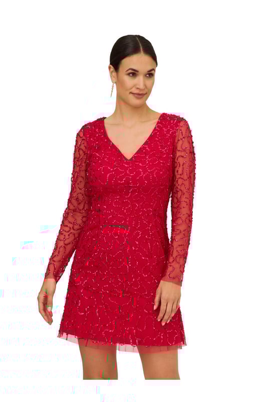 Ring in the evening with sparkle to spare in this playful sequin dress. This cocktail dress features a v-neckline, sheer long sleeves, and a soft skirt. Fully lined through the body, this long sleeve dress has a mesh overlay with swirls of sequin beading that is interspersed with clusters of tubed beading. A zipper back closure completes this beaded dress. Style this semi-formal dress with nude heels and a satin clutch to complete the look for a dressy night out or wedding guest duty.