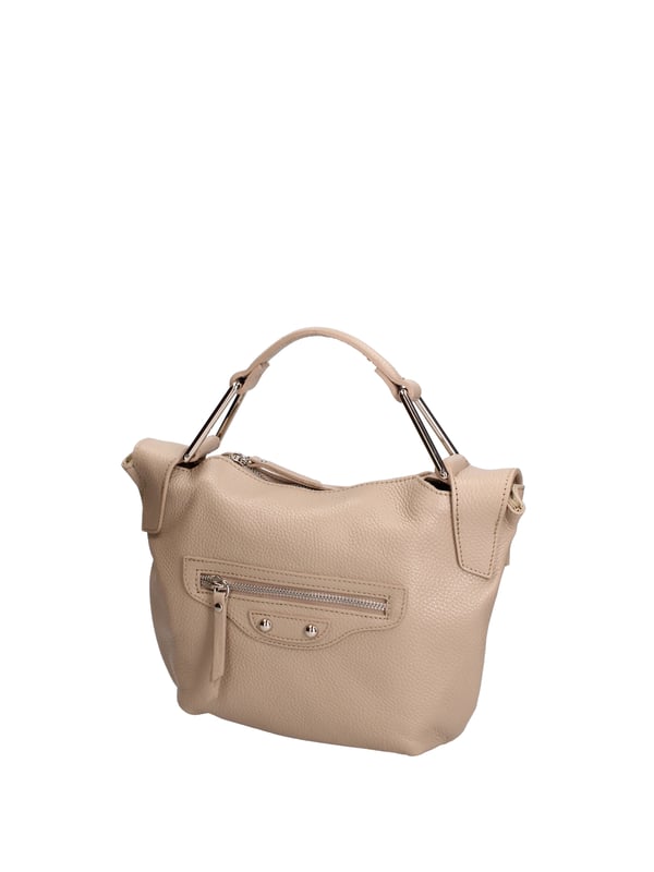 Bolso de mujer. El cierre es con cremallera. Los bolsillos internos son uno con cremallera y otro abierto. Los bolsillos externos son uno frontal con cremallera. La bandolera es ajustable y extraíble en piel. El mango es de cuero. Hay un compartimento interno. El material exterior es piel auténtica tipo dólar. Internamente está forrado en tejido 70% algodón - 30% poliéster. Medidas: 29x20x9 cm. Hecho en Italia