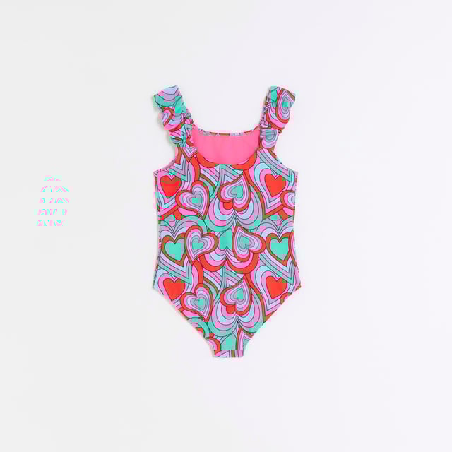 Swimsuit, Retro heart design, Frill straps, Round neck, Gold hardware, Branding
