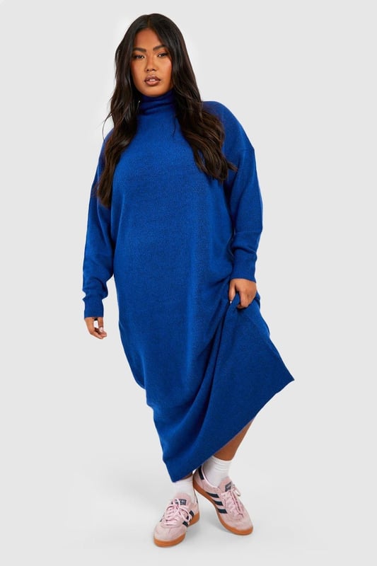 Plus Soft Knit Roll Neck Midi Dress Bring a new kinda attitude in this latest piece from our collection of plus size dresses. Available in UK sizes 16-24, our range of curve dresses carries all the on-trend pieces you need to feel confident. Whether it's a plus size black dress or skater style you're adding to your basket, we promise no more awkward fits, just dresses you can depend on. Work a flattering plus size t-shirt dress or smock shapes during the day, then take on the night in sexy styles, maxi lengths and Bardot necklines. From sexy plus size dresses to work-wear appropriate options, shop it all on boohoo.Style: CardiganFabric: AcrylicLength: MidiNeckline: Roll NeckSleeve Length: Long Sleeve
