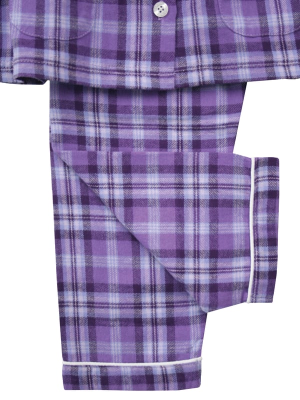 Girls Lilac and Purple Check Traditional Winter Pyjama Set. 

A timeless check is given the Mini Vanilla touch using lilac and purple tones in our kids pyjama set. Made from super-soft and cosy, brushed 100% cotton, the PJ set is trimmed in white cotton. The long-sleeved top has an open collar and fastens with engraved buttons. Fully elasticated at the waist the trousers have a comfy fit.

Our pure-cotton check pyjamas are a beautiful-quality addition to their nightwear collection. Our cotton flannel is brushed, making it unbeatably soft and cosy against the skin and plush to the touch. A great PJ gift for girls too!

Features
Button-through long-sleeved top
Classic Brushed Check Fabric
Contrast piping along collar and cuffs
Elasticated waistband
100% soft brushed Cotton
Machine Washable
Front pockets
Engraved pearl effect buttons