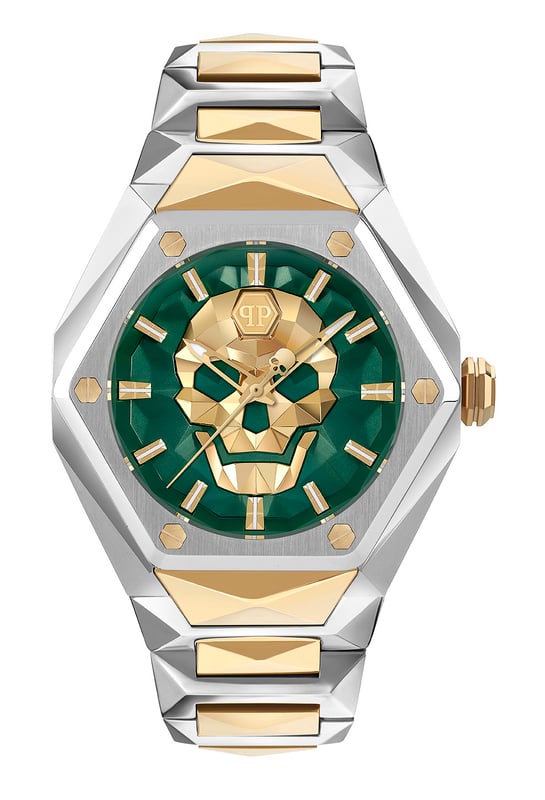 This Philipp Plein The $kull Spikes Analogue Watch for Men is the perfect timepiece to wear or to gift. It's Silver 45 mm Round case combined with the comfortable Multicolour Stainless steel watch band will ensure you enjoy this stunning timepiece without any compromise. Operated by a high quality Quartz movement and water resistant to 5 bars, your watch will keep ticking. A new legendary watch is born and it’s ready to shock the world.   The Philipp Plein $kull Spikes is the icing on the cake of your collector status in the exclusive Philipp Plein universe. This Analogue watch has a  function: Luminous Hands and Luminous Numbers High quality 21 cm length and 24 mm width Multicolour Stainless steel strap with a Deployment clasp Case diameter: 45 mm,case thickness: 12 mm, case colour: Silver and dial colour: Green