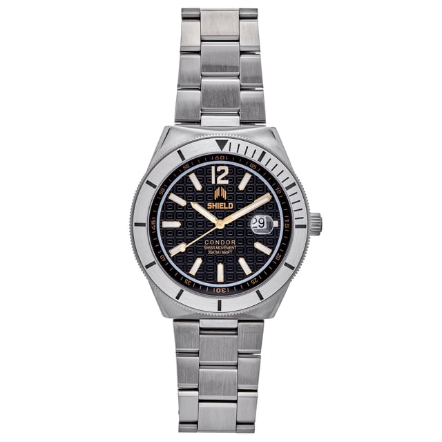 Band Color: Silver Stainless Steel; Band Width: 24mm near case; 20mm near clasp/buckle; Bezel Color: Silver; Case: Silver + Circle-Shaped; Case Finish: Brushed + Stainless Steel; Case Thickness: 13mm; Case Width: 46mm; 49mm with Crown; Clasp / Buckle: Fold Over Push Button Deployment; Dial: Black + Analog; Hand Color: Gold; Movement: Swiss + Quartz; Time Zones: Single; Water Resistance: 20 ATM.