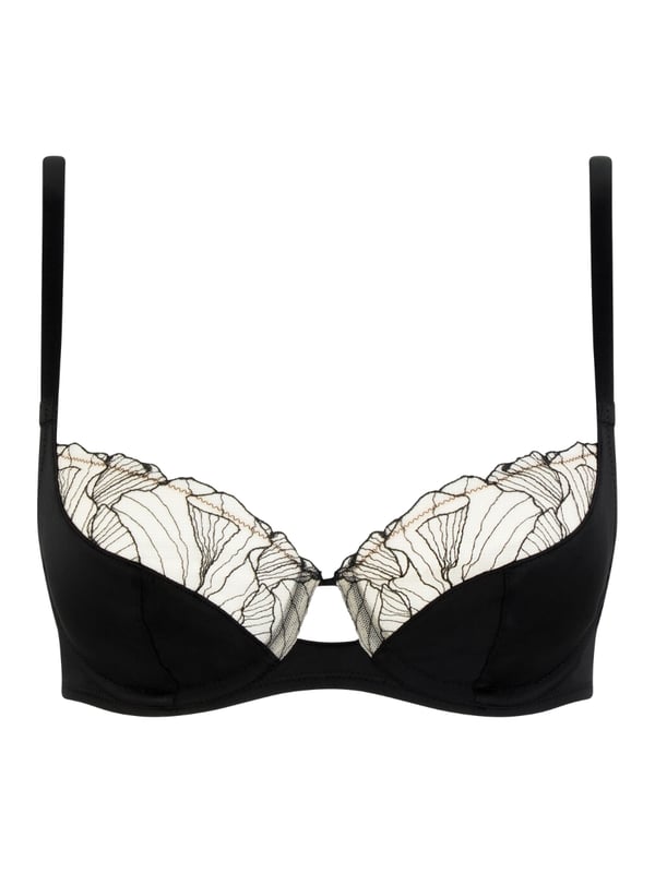 Chantelle Tattoo Love Covering Full Cup Bra. Full coverage non padded underwired bra with tattoo effect embroidery and centrepiece cut out detail. Product is recommended hand wash only.