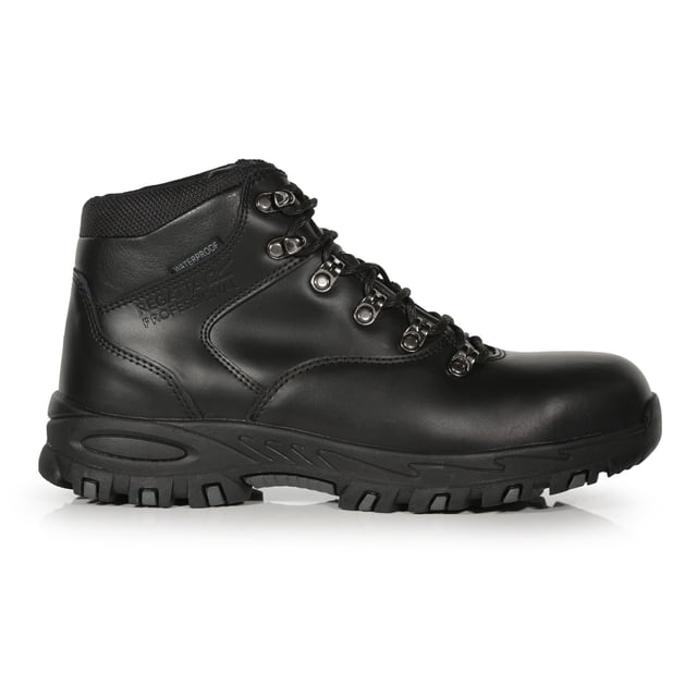 Regatta Mens Gritstone Leather Safety Boots (Black) Upper: Leather. Fabric: Polyester, PU (Polyurethane). Insole: Moulded EVA. Midsole: Penetration Resistant. Outsole: Oil Resistant, Rubber. Sole Features: Durable. Fastening: Lace Up. Fabric Technology: Breathable, Isotex, Waterproof. Internal Membrane Liner, Lacing Hooks, Padded Ankle, Sealed Seams. Flat. Cut: Ankle High. Design: Debossed, Logo. Conforms to Safety Standard: EN20345:2011 S3. Toe Style: Steel Toe Cap.