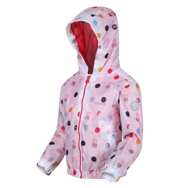 Material: 100% Polyester. Lining: Comfort, Mesh, Polyester, Taffeta. Fabric: Hydrafort. Design: Badge, Cartoon, Crest, Polka Dot. Trim: Reflective. All-Over Print, Lined, Printed Name label, Taped Seam. Fabric Technology: DWR Finish, Waterproof. Cuff: Elasticated. Neckline: Hooded. Sleeve-Type: Long-Sleeved. Hood Features: Elasticated, Grown On Hood. Length: Hip Length. Pockets: 2 Lower Pockets. Fastening: Zip. Hem: Elasticated. 100% Officially Licensed. Characters: Peppa Pig.