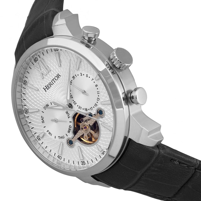 316L Surgical-Quality Stainless Steel Case; Jeweled Automatic Movement; Jewel Bearings: 20 Jewels; 42-Hour Power Reserve; Beats per Hour (BPH): 21600/Hour; Sapphire-Coated Mineral Crystal; Pattern Dial; Semi-Skeleton Dial; Observation Caseback to view Movement; Genuine Leather Crocodile-Embossed Strap; Logo-Engraved Stainless Steel Clasp; Luminous Hands; Luminous Markers; Day Sub-Dial; Date Sub-Dial; 45mm Diameter; 5 ATM Water Resistance;