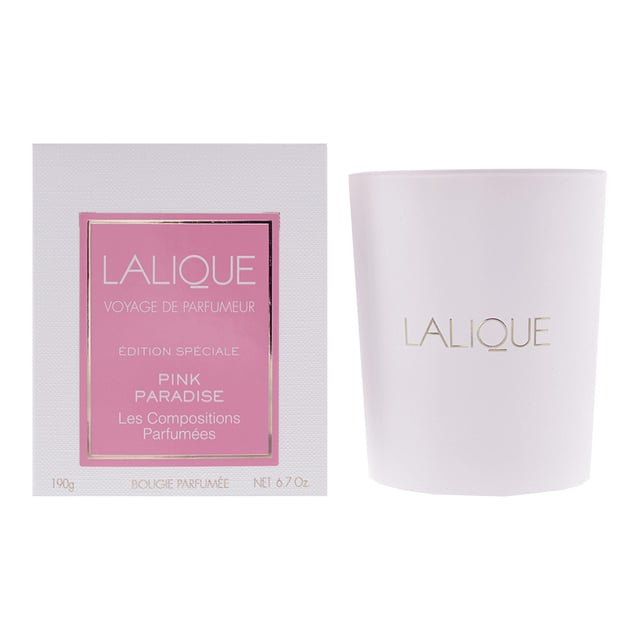 The Lalique Pink Paradise scented Candle is a candle inspired by perfumery, jewellery and crystal making. The scent of the candle opens as a Citrus one, with top notes of Lemon, Bergamot, Bitter Orange and Calone; the middle notes consist of Cedarwood, Heliotrope, Jasmine and Peppercorn; whilst the base notes are Amber, Ambroxan, Iso E Super, Musks and Sandalwood. The candle should burn for between 40 and 50 hours.