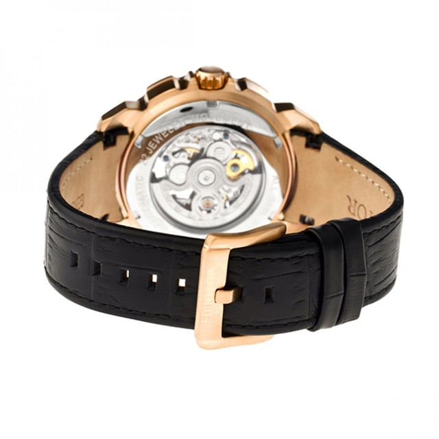 316L Surgical-Quality Stainless Steel Case; Jeweled  Automatic Movement; Jewel Bearings: 22 Jewels; 42-Hour Power Reserve; Beats per Hour (BPH): 21600/Hour; Sapphire-Coated Mineral Crystal; Skeleton Dial; Observation Caseback to view Movement; Genuine Leather Crocodile-Embossed Strap; Logo-Engraved Stainless Steel Clasp; Luminous Hands; Seconds Sub-Dial; 42mm Diameter; 5 ATM Water Resistance;