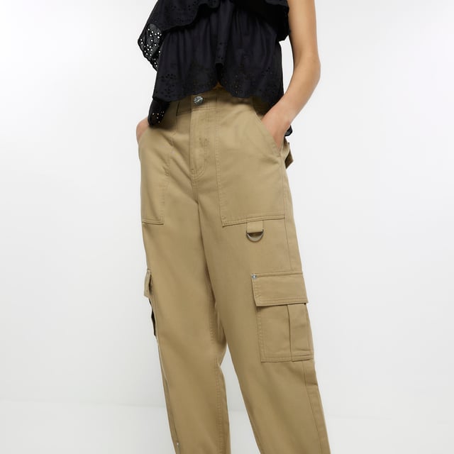 River Island Womens Cargo Trousers Beige Zip Cuff Pants