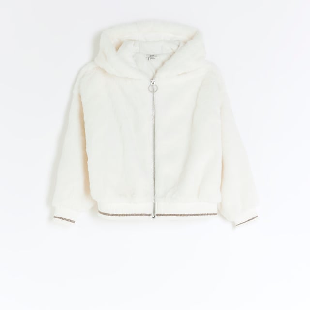 River Island Girls Hoodie Cream Zip Through Faux Fur