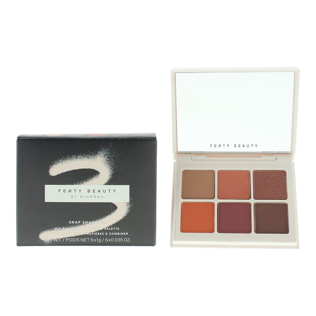 The Fenty Beauty Snap Shadows Mix & Match Eye Shadow Palette is an amazing portable eye shadow palette containing 6 rich, blendable shades. The shades can be used by themselves, or blended together to provide eye catching looks. The colours are eye blendable, rich, smooth, and have a range of finishes, from sheet to glitter.
