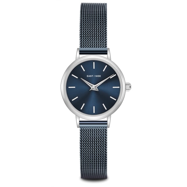 GENERAL INFORMATION:  • Targetgroup: Female  • Wristwatch: No Special Functions  • Display: analogue  • Weight of watch w/o box (gr.) - approx.: 24,0  MOVEMENT:  • Movement: Quartz  • Term of Movement: VC10  • Origin of movement: Japan  BRACELET:  • Material of bracelet/strap: Stainless steel  • Plating of bracelet/strap: Ion-Plating (IP)  • Finishing of bracelet/strap: Smooth  • Finishing/Decoration of bracelet/strap: None  • Clasp/Closure/Buckle: Slide Clasp  • Color of bracelet/strap: Blue  • Length of bracelet/strap (mm) approx.: 190,0  • Width of bracelet/strap (mm) approx.: 9,5  • Style/Design of bracelet/strap: Mesh band (Millanaise Style)  • Bracelet/strap adjustable?: No  CASE:  • Shape of case: Round  • Size/Diameter of case in mm . approx.: 24,0  • Height of case in mm: 7,6  • Case material: Metal (Alloy)  • Surface of case: Polished  • Bezel/Topring: Fixed  • Finishing/Decoration of case: None  • Material of case back: Stainless steel  • Lock of case back: No screwed-in crown  • Color of case: Silver  • Coating/Plating (Case): None  • Type/Form of crystal: Flat  • Material of crystal: Mineral crystal  • Water resistant (ATM): 3  DIAL:  • Size jewelry care cloth: Hour, Minute  • Indices: Line indices  • Material of dial: Brass  • Structure/pattern of dial: Flat  • Color of dial: Blue  PUSHER, CROWN, HAND:  • Pusher: None  • Corrector: No  • Crown: No screwed-in crown  • Type of hands: Dauphine hands  • Luminescent (hands): No  PACKAGING & SCOPE OF DELIVERY:  • Box: Yes  • Service booklet: Yes  • Manual: Yes