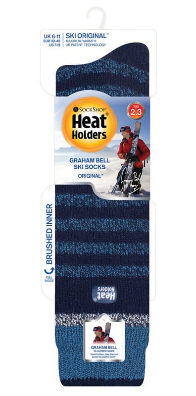Feet need to be warm on the coldest of days, so pull on a pair of Heat Holders Ski Socks, the ultimate thermal sock. The extra long, thickly padded sock is ideal for skiers and all winter activities, cushioning the lower leg and foot while keeping them blissfully warm. Thick, chunky with a massive tog rating of 2.34, they are over 7X warmer than the basic cotton sock (0.33 tog)! This is as they have been made from a specially developed thermal yarn, which works to provide high performance insulation against the cold - along with superior moisture breathing abilities. As well as this, the Heat Holders Loops produces a unique pile of cushioning which holds in even more warm air, and keep your feet fully comfortable and supported throughout the long day. These extreme socks have a expert brushing process, causing the inside to be not only sensationally soft, but also helps to maximise the amount of warm air held inside close to the skin making your feet warmer, for longer!.
