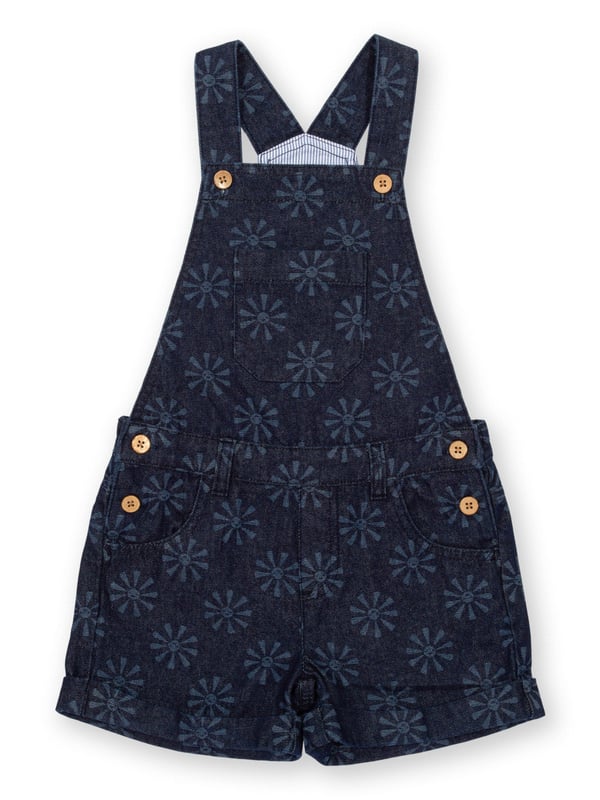 100% organic cotton |  Light navy etched smiley sun design |  Navy blue |  Lightweight denim fabric |  Apple enzyme washed for a soft hand feel |  Adjustable straps with coconut buttons |  Coconut button side fastenings |  Side, back and front bib pockets |  Short legs |  With turn-ups |  Made in Turkey |  Machine washable at 40 degrees, or at 30 degrees to be kinder to the planet