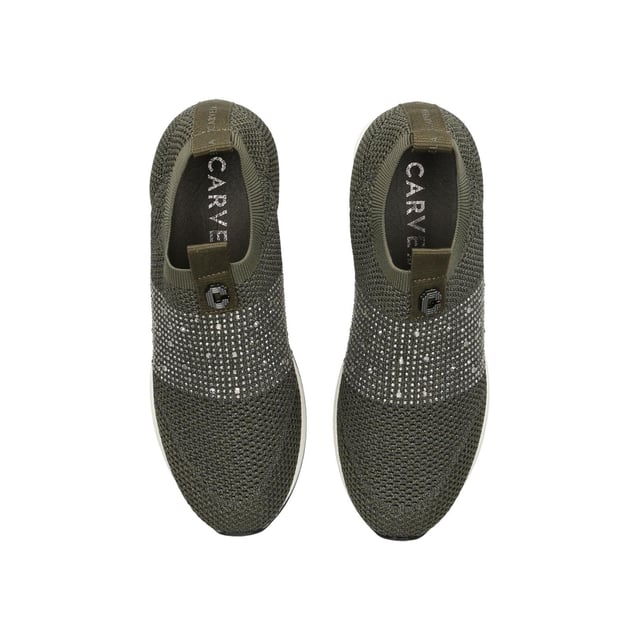 The Carvela Janeiro2 trainer features a khaki knitted upper in a low top sock-style. There is a silver crystal embellishment across the toe with Icon C metal stud.