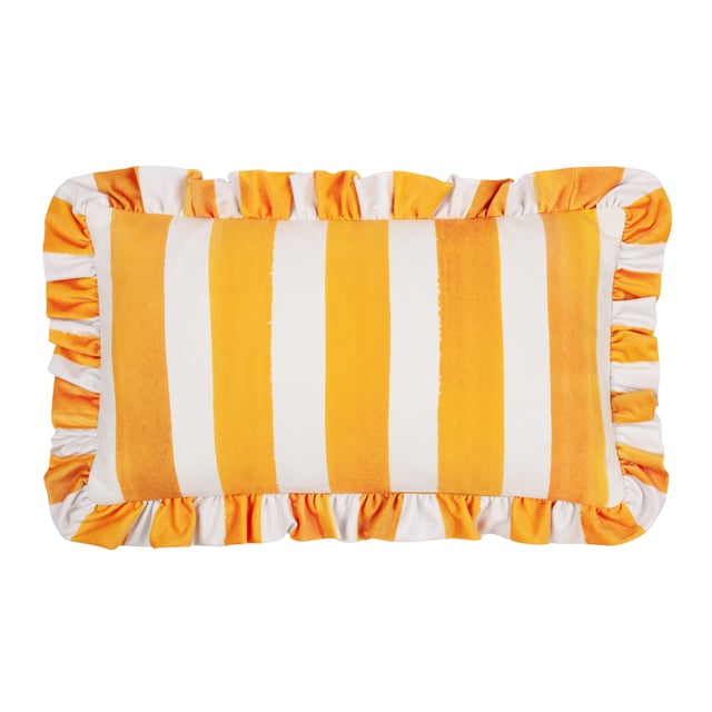 Elevate the charm of your space with the Marais Fritillaries Printed Ruffle Cushion, a delightful blend of artistry and comfort. Featuring a digitally printed, hand-painted design of delicate floral motifs set against bold, contrasting stripes, this cushion brings a vivid touch of the natural world into your home. The luxuriously soft chenille fabric and playful ruffle trim add texture and a sense of relaxed sophistication, making it an eye-catching statement or a perfect companion to complement modern country interiors. Whether nestled on a sofa or placed on a bed, it effortlessly combines elegance with a sense of fun, transforming any setting.