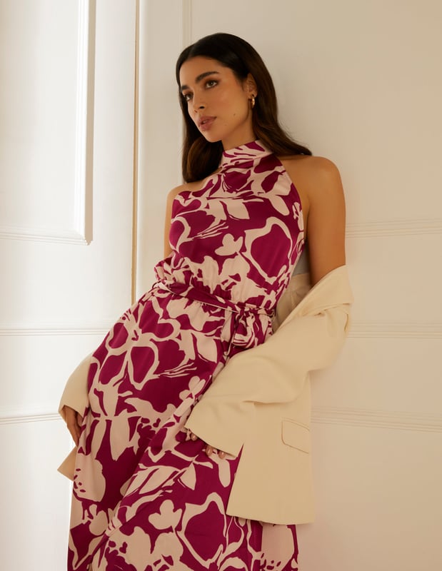 Abstract Floral Print Halter Neck Midi Dress