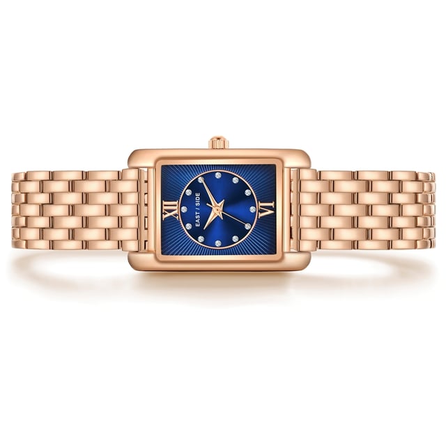 GENERAL INFORMATION:  • Targetgroup: Female  • Wristwatch: No Special Functions  • Display: analogue  • Weight of watch w/o box (gr.) - approx.: 55,0  MOVEMENT:  • Movement: Quartz  • Term of Movement: 2035  • Origin of movement: Japan  BRACELET:  • Material of bracelet/strap: Metal (Alloy)  • Plating of bracelet/strap: Ion-Plating (IP)  • Finishing of bracelet/strap: Smooth  • Finishing/Decoration of bracelet/strap: None  • Clasp/Closure/Buckle: Security-folding clasp  • Color of bracelet/strap: Rosegold  • Length of bracelet/strap (mm) approx.: 210,0  • Width of bracelet/strap (mm) approx.: 13,4  • Style/Design of bracelet/strap: Link bracelet  • Bracelet/strap adjustable?: No  CASE:  • Shape of case: Rectangular  • Size/Diameter of case in mm . approx.: 20,5 x 30,8  • Height of case in mm: 8,4  • Case material: Metal (Alloy)  • Surface of case: Polished  • Bezel/Topring: Fixed  • Finishing/Decoration of case: None  • Material of case back: Stainless steel  • Lock of case back: No screwed-in crown  • Color of case: Rosegold  • Coating/Plating (Case): Ion-Plating (IP)  • Type/Form of crystal: Flat  • Material of crystal: Mineral crystal  DIAL:  • Size jewelry care cloth: Hour, Minute, Second  • Indices: Roman numerals/points  • Material of dial: Brass  • Structure/pattern of dial: Flat/sunray  • Color of dial: Blue  PUSHER, CROWN, HAND:  • Pusher: None  • Corrector: No  • Crown: No screwed-in crown  • Type of hands: Dauphine hands  • Luminescent (hands): No  PACKAGING & SCOPE OF DELIVERY:  • Box: Yes  • Service booklet: Yes  • Manual: Yes