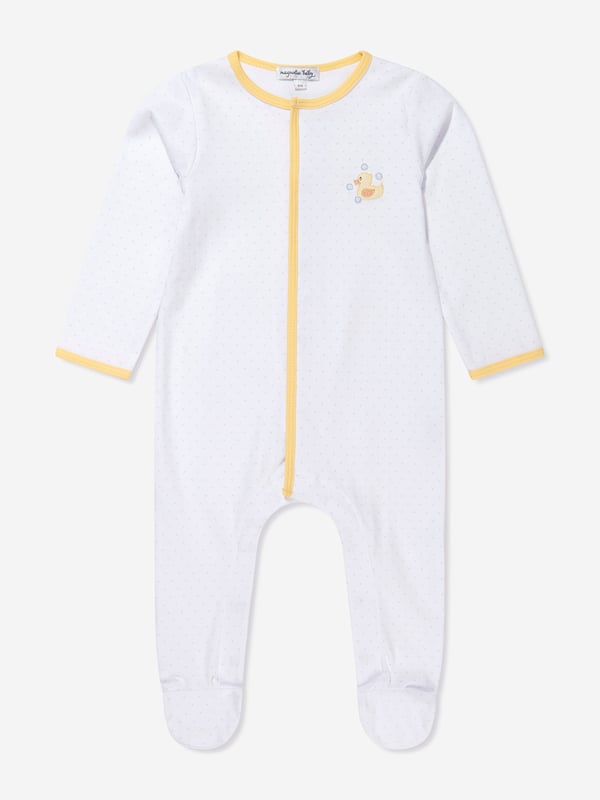 Introduce your little one to luxury with the Baby Rubber Ducky Embroidered Babygrow in White by Magnolia Baby. Crafted to delight both baby and parent, here are the essential features: Breathtaking Design: Adorned with a charmingly embroidered rubber ducky, the playful feature transforms this babygrow into a stylish statement piece. High-Quality Fabric: Made from the softest, premium grade organic cotton to ensure extraordinary comfort and breathability for your baby's sensitive skin. Unisex Appeal: Gracefully designed in a neutral white tone, it's an ideal addition to your baby boy's or girl's wardrobe. Ultimate Comfort: With easy snap fasteners, diaper changes become a breeze while ensuring your baby stays comfy and happy.Rediscover luxury for your baby, elevate their wardrobe with the Baby Rubber Ducky Embroidered Babygrow. Shop now to let your baby enjoy exceptional comfort in style!