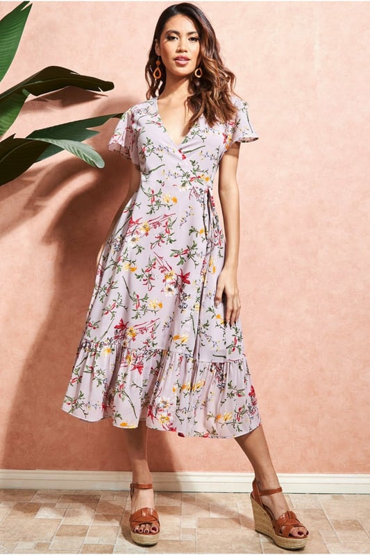 Floral Print Flutter Sleeve Wrap Dress