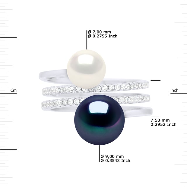 Ring DUO - 2 Real Freshwater Pearls 7-8 and 9-10 mm - Quality AAAA + - COLORI BLACK TAHITI AND NATURAL WHITE - Paving oxides of zirconium - Adjustable from Size 48 to Size 62 - 925 Thousandth rhodium - Warranty 2 years against manufacturing defects - Delivered in a presentation case with a certificate of Authenticity and an International Warranty - All our jewels are made in France.