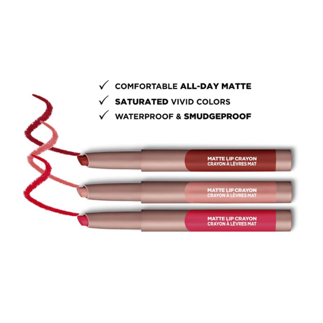 Meet the matte that never stops- New L'Oreal Paris Infallible Matte Lip Crayon for easy on-the-go matte colour with up to 6 hour wear. The ultra-skinny format creates the perfect pout use after use without sharpening. Whilst the slanted tip helps to follow the lips natural shape for mistake-proof application. Enriched with Jojoba Oil and Vitamin E for a comfortable lasting feel and saturated matte colour. From early morning coffee runs to an afternoon cupcake, this smudge proof formula won't let you down. Available in 14 shades from soft nudes to bright pinks and toffee brown shades and a caramel scented formula for irresistible application.