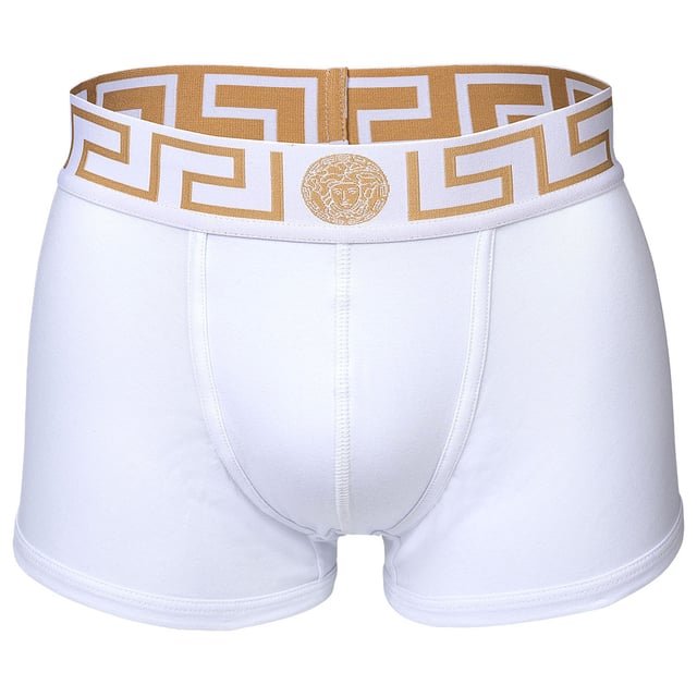 Zwei elegante Herren Boxer Shorts der Marke VERSACE. Hochwertige Unterhosen mit Greca-Muster und Medusa-Motiv am elastischen Bund. Sehr hohe Qualität.