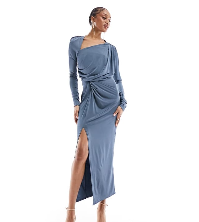 ASOS DESIGN Tall asymmetric ruched knot midi pencil dress in slate