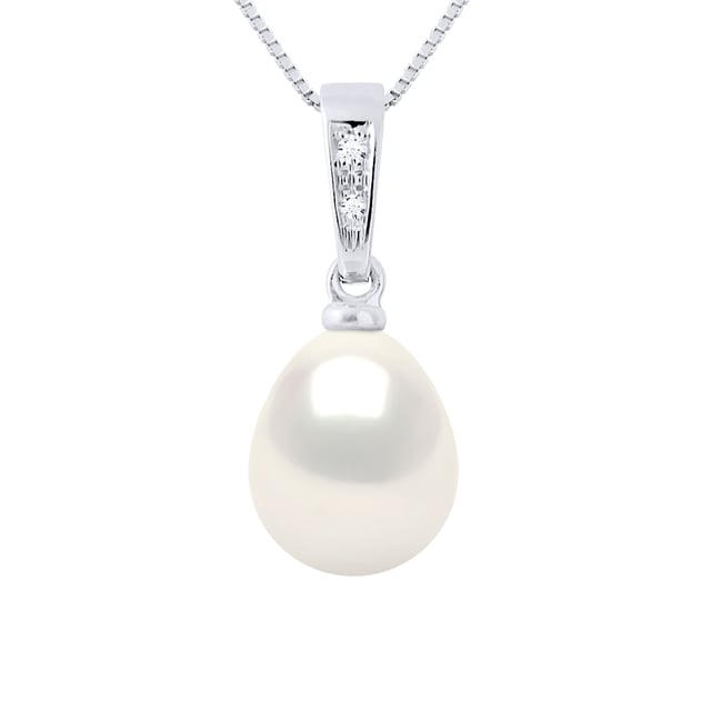 Pendant jewellery Diamonds 0,01 Cts - Real Cultured Freshwater Pearl Pear 8-9 mm - COLOR NATURAL PEARL WHITE - White Gold - This Pendant in V shape will be delivered to you in box with a Chain Silver 925 offered for free / Length 42 cm - Delivered with Certificate of Authenticity and International Guarantee - MADE IN FRANCE