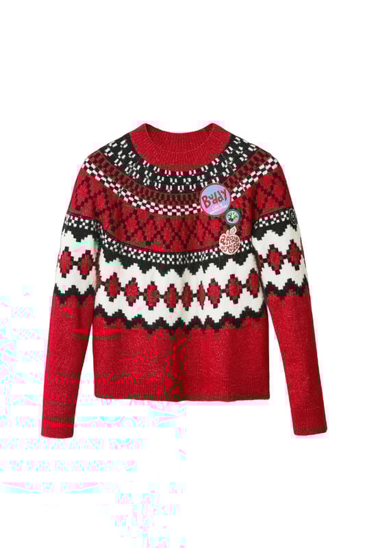 Marca: Desigual   Género: Mujer   Tipo: Punto   Color: Rojo   Patrón: Geométrico   Escote: Cuello Redondo   Mangas: Mangas Largas   Temporada: Otoño/invierno