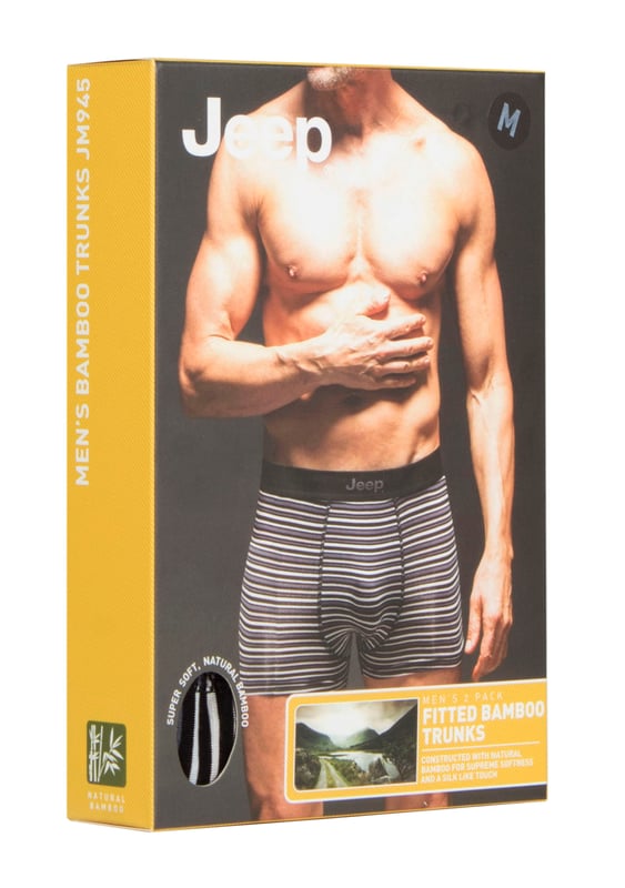 Underwear by Jeep produce a wide collection from loose fitting, to comfortable fitted boxers, and briefs. Designed for everyday, this collection of trunks by Jeep are made for comfort and durability. Designed to look and feel good, these briefs will feel soft to the touch. Bamboo is a natural hypoallergenic material which helps to reduce levels of moisture. These trunks feature natural breathable and anti bacterial properties to ensure softness and comfort throughout the day. For all day freshness, these fitted trunks are made from natural bamboo fibres, which helps to wick away moisture and leave your skin feeling dry and cool. To provide further layers of softness, these comfortable trunks have a snug fit around the thighs. To avoid irritation, these fitted trunks have a tagless care label. These trunks come in a pack of 2. They are made from 95% Viscose from Bamboo, 5% Elastane. They are available in sizes S-XL.