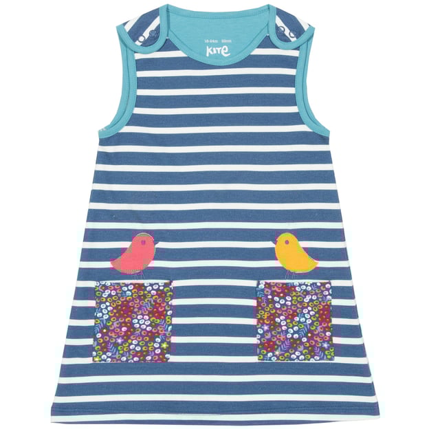 New! A fresh style with classic beauty, our new pinafore will look fabulous with so many of our tops and tights this season. In our organic yarn dyed stripe sweat fabric featuring our cute berry ditsy print pockets, the two little contrast appliqué birdies perched on top are sure to make the best of friends with your very own little fashionista. Finish the look with our berry ditsy bowband.