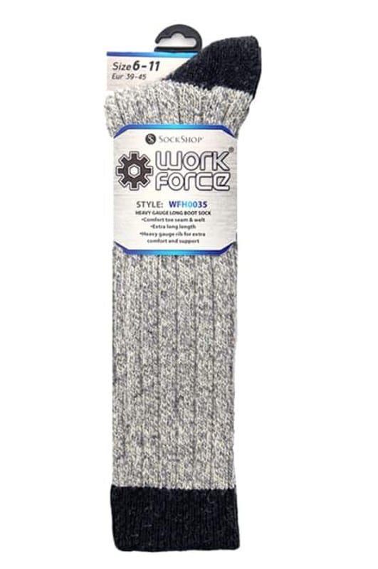 These extra long, soft wool boot socks are perfect for hen in gets cold and you need a pair of socks to keep you both warm and supported at work and in boots. These Workforce Long Wool Boot Socks offer you just that, with the added bonus of being comfortable for long days working. These socks have an extra long length (knee high) in order to keep not only your feet, but your legs toasty warm as well. They also have heavy gauge rib for that extra bit of comfort and support, which is always needed in your favourite pair of work socks. Adding to the comfort is the fact that they have a comfort toe seam and welt in order to make sure you aren't uncomfortable at any point of the day while wearing these great socks.