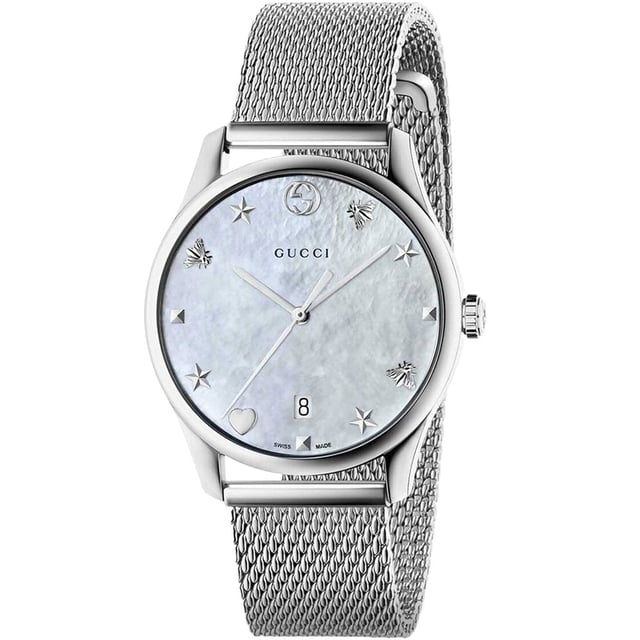 The latest addition to the Gucci’s G-Timeless collection looks the heavens for inspiration, the mother-of-pearl dial giving the impression of a cloudy sky and the markers replaced with stars and winged creatures. Set in a sleek stainless steel case with a mesh bracelet, the YA1264040 watch will bring an ethereal touch to your wrist this season. Gucci stainless steel, mother-of-pearl and mesh watchRef: YA1264040Stainless steel case, mother-of-pearl dial, star bee and heart markers, mesh strapWater resistance: 30MSwiss Made