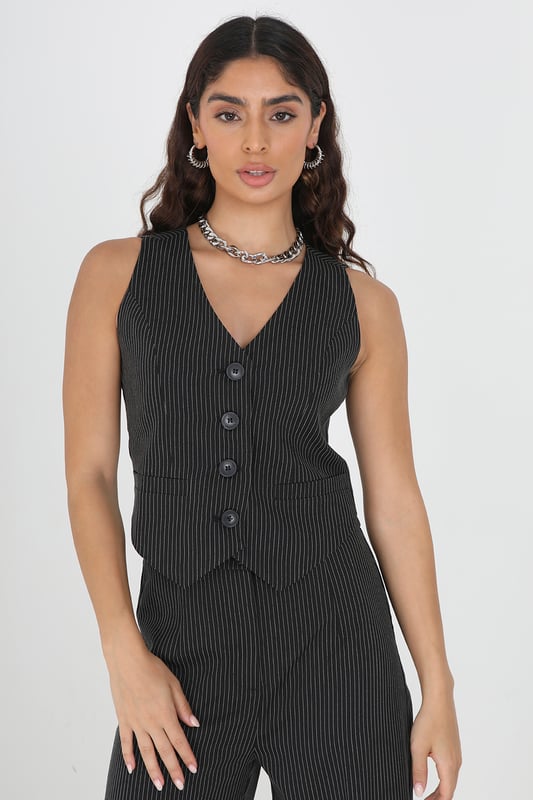 BUCKLE TAILORED PINSTRIPE TOP / BLK/WHT main image 1