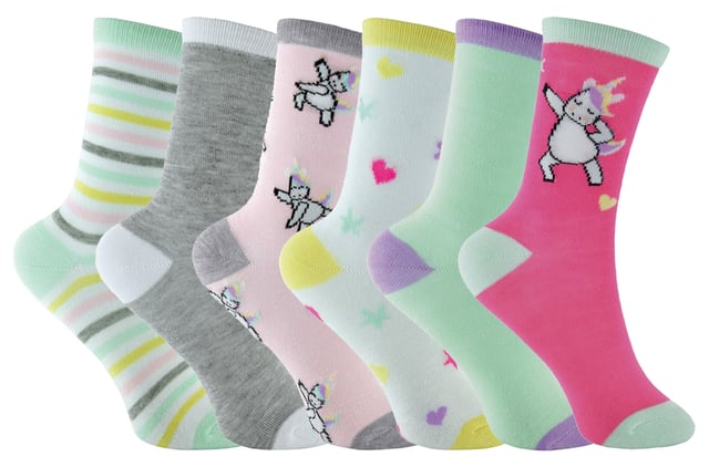 Unicorns! The legendary creature of myth and extremely popular animal that is loved by Girls everywhere. So what better way to show their Unicorn love than to have them on a pair of everyday socks? With a bunch of funky colours and styles these are essential for any Girls out there looking to show off Unicorn fandom. Maybe you know a little one in your life that would love these? Well that’s great because they’d make a perfect gift! They’re made from a soft and comfortable polyester so that they don’t have to sacrifice function for fashion. Not only do they have Unicorn images on them but some of the socks in the 6 pack have classic designs on them like stripes and hearts whichgive them plenty of choice when choosing an outfit for the day. These socks are a regular ankle length, come in a 6 pack and have mixed colours like Pink, Mint Green, Cream and more. They’re made out of 98% Polyester, 2% Elastane, come in 3 Girls sizes - 9-12, 12.5-3.5 and 4-6 and are safely machine washable.