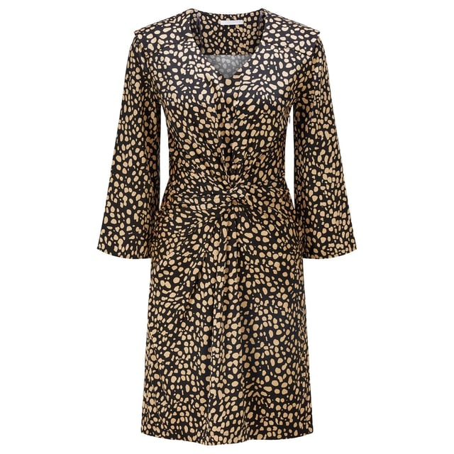 Constructed with long sleeves and a V neckline for a classic look  it features elasticated hems for a comfortable fit. This dress is an all over print design with a signature logo and is complete with BOSS branding.
