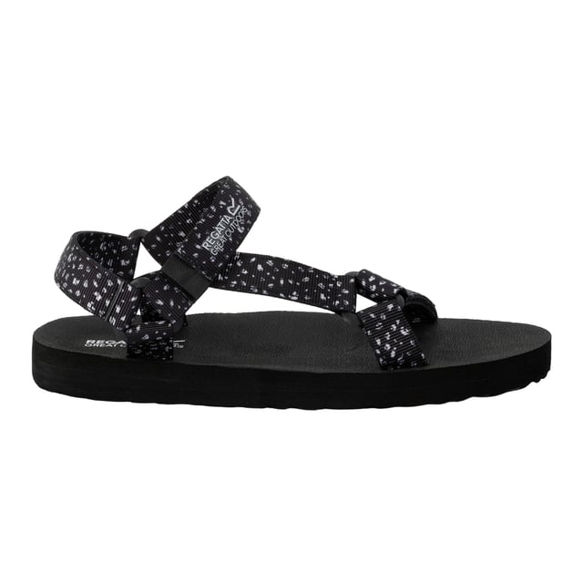 Regatta Womens/Ladies Lady Vendeavour Polka Dot Sandals (Black/White) Upper: Synthetic. Outsole: Synthetic. Fabric Technology: Water Repellent. EVA Footbed. Flat Heel. Design: Logo, Polka Dot. Toe Style: Open. Fastening: Hook And Loop Strap.