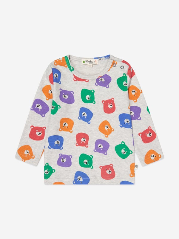 The Bonnie Mob depict passion and colour into their eco-friendly, sustainable abstracts. This baby unisex long sleeve t-shirt is reflective of the label's passion for beautiful aesthetics with an innovative twist. Made in refined cotton rainbow patterned bears.  Press Stud Fastenings 100% GOTS Certified Organic Cotton GOTS Certified Organic Brand