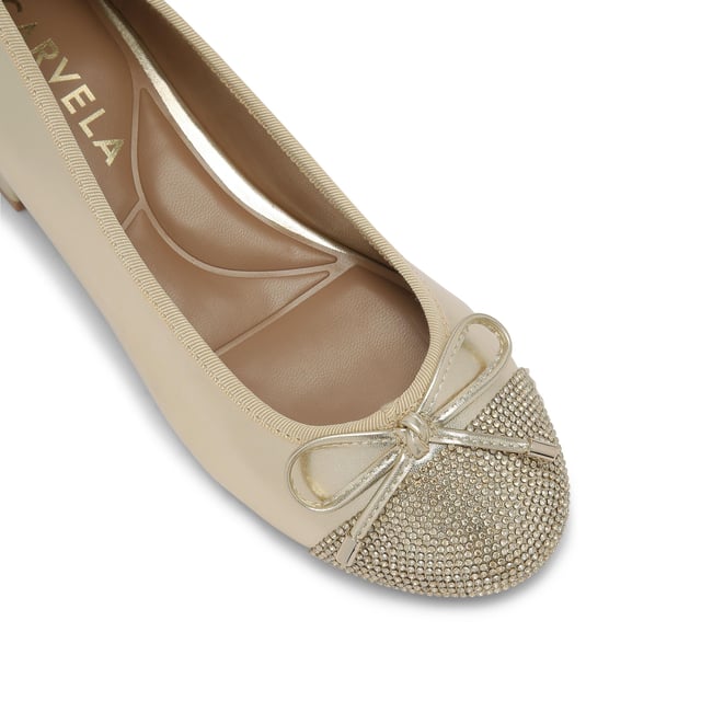 This Carvela Pair of Nova Ballet Jewel flats are crafted from a metallic gold fabric which his embellished with crystals. The heel is in a low block style. Heel height: 3.5cm. This product features All Day Long technology.