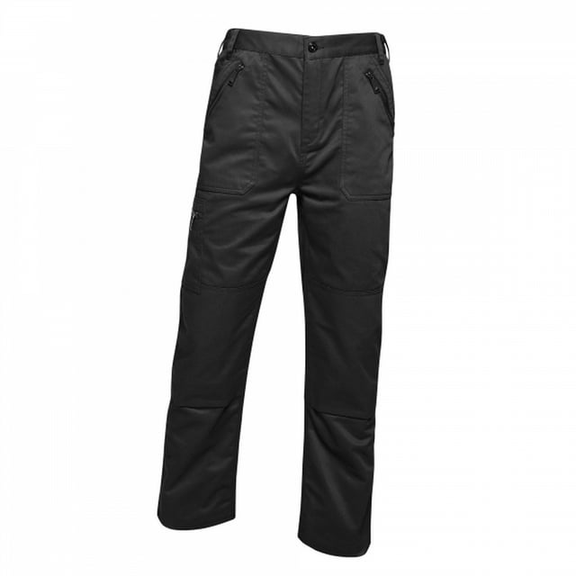 Mens waterproof trousers made of hardwearing Polycotton fabric. Fabric weight 245 g/m2. Water repellent coating. Part-elasticated waist. Knee pad pockets. Belt loops. Zip fly opening. Metal Shank button to CF fasten. 2 front pockets, 1 with small coin pocket. Multi zip pockets. 1 side zipped pocket. 2 back pockets. Reinforced crotch seam. Reinforced seams with triple stitching. 65% Polyester  35% Cotton.