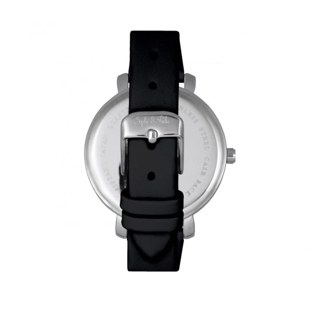 Polished Alloy Case; Precision Japanese Quartz Movement; Non-Glare Scratch-Resistant Mineral Crystal; Swarovski Crystals on Dial; Logo Engraved Stainless Steel Caseback; Genuine Leather Strap; Logo-Engraved Stainless Steel Clasp; 35mm Case Diameter; 3ATM Water Resistance;