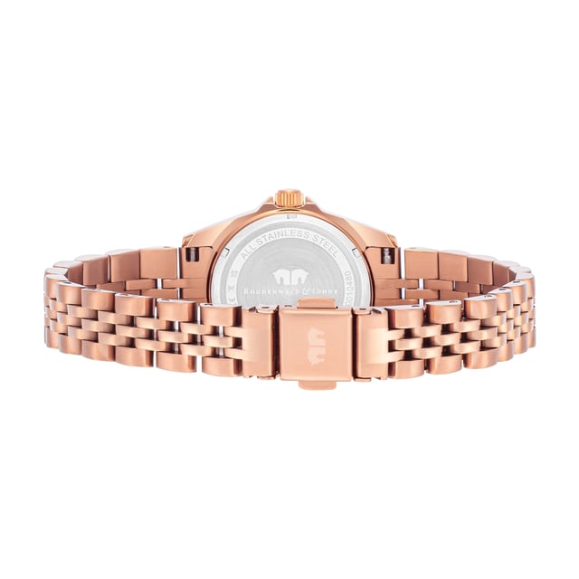 GENERAL INFORMATION:  • Targetgroup: Female  • Wristwatch: No Special Functions  • Display: analogue  • Weight of watch w/o box (gr.) - approx.: 60  • model series: Cassina  MOVEMENT:  • Movement: Quartz  • Term of Movement: 2015  • Origin of movement: Japan  BRACELET:  • Material of bracelet/strap: Stainless steel  • Plating of bracelet/strap: Ion-Plating (IP)  • Finishing of bracelet/strap: Polished/brushed  • Finishing/Decoration of bracelet/strap: None  • Clasp/Closure/Buckle: Security-folding clasp  • Color of bracelet/strap: Rosegold  • Length of bracelet/strap (mm) approx.: 210,0  • Width of bracelet/strap (mm) approx.: 13,8  • Style/Design of bracelet/strap: Link bracelet  • Bracelet/strap adjustable?: Yes  CASE:  • Shape of case: Round  • Size/Diameter of case in mm . approx.: 27,5  • Height of case in mm: 8,9  • Case material: Stainless steel  • Surface of case: Brushed  • Bezel/Topring: Fixed  • Finishing/Decoration of case: Grooved  • Material of case back: Stainless steel  • Lock of case back: Pressed  • Color of case: Rosegold  • Coating/Plating (Case): Ion-Plating (IP)  • Type/Form of crystal: Flat  • Material of crystal: Mineral crystal  • Water resistant (ATM): 5  DIAL:  • Size jewelry care cloth: Hour, Minute, Second, Date  • Indices: Embellished with Swarovski crystals®  • Material of dial: Mother of Pearl (MOP)  • Structure/pattern of dial: Flat  • Color of dial: White  PUSHER, CROWN, HAND:  • Pusher: No screwed-in crown  • Corrector: No  • Crown: No screwed-in crown  • Type of hands: Pole hand  • Luminescent (hands): Yes  PACKAGING & SCOPE OF DELIVERY:  • Box: Yes  • Service booklet: Yes  • Manual: Yes