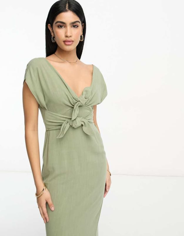 green emerald velvet dress Asos Design Ruched Bandeau Washed Satin Maxi Dress With Tie Detail In Green