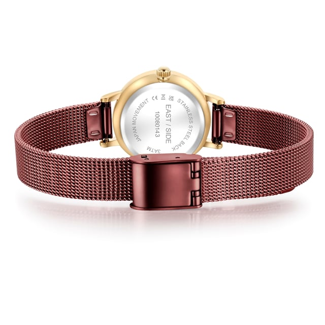 GENERAL INFORMATION:  • Targetgroup: Female  • Wristwatch: No Special Functions  • Display: analogue  • Weight of watch w/o box (gr.) - approx.: 24,0  MOVEMENT:  • Movement: Quartz  • Term of Movement: VC10  • Origin of movement: Japan  BRACELET:  • Material of bracelet/strap: Stainless steel  • Plating of bracelet/strap: Ion-Plating (IP)  • Finishing of bracelet/strap: Smooth  • Finishing/Decoration of bracelet/strap: None  • Clasp/Closure/Buckle: Slide Clasp  • Color of bracelet/strap: bordeaux  • Length of bracelet/strap (mm) approx.: 190,0  • Width of bracelet/strap (mm) approx.: 9,5  • Style/Design of bracelet/strap: Mesh band (Millanaise Style)  • Bracelet/strap adjustable?: No  CASE:  • Shape of case: Round  • Size/Diameter of case in mm . approx.: 24,0  • Height of case in mm: 7,6  • Case material: Metal (Alloy)  • Surface of case: Polished  • Bezel/Topring: Fixed  • Finishing/Decoration of case: None  • Material of case back: Stainless steel  • Lock of case back: No screwed-in crown  • Color of case: Yellowgold  • Coating/Plating (Case): Ion-Plating (IP)  • Type/Form of crystal: Flat  • Material of crystal: Mineral crystal  • Water resistant (ATM): 3  DIAL:  • Size jewelry care cloth: Hour, Minute  • Indices: Line indices  • Material of dial: Brass  • Structure/pattern of dial: Flat  • Color of dial: bordeaux  PUSHER, CROWN, HAND:  • Pusher: None  • Corrector: No  • Crown: No screwed-in crown  • Type of hands: Dauphine hands  • Luminescent (hands): No  PACKAGING & SCOPE OF DELIVERY:  • Box: Yes  • Service booklet: Yes  • Manual: Yes