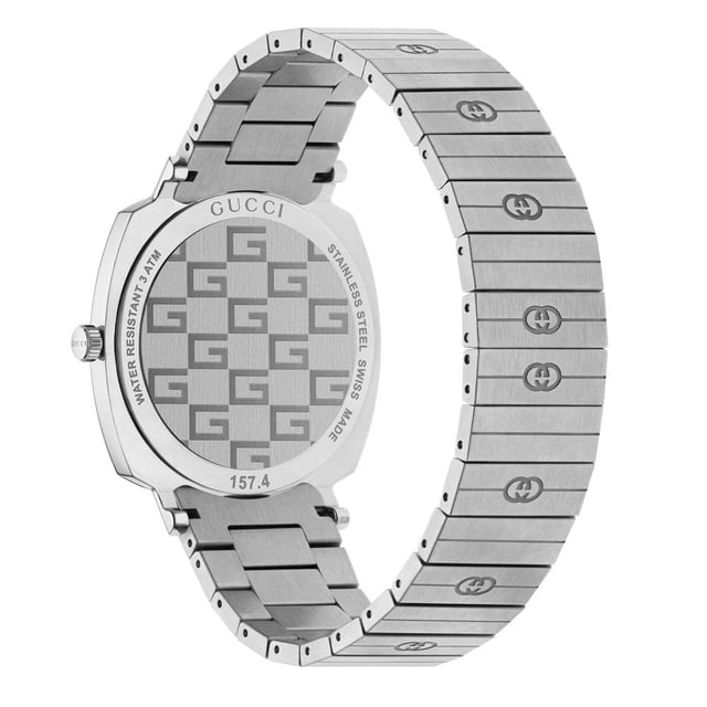 Brand: Gucci Collection: Grip Model Number: YA157410 Case Diameter: 38mm Case Material: Stainless Steel Strap Material: Stainless Steel Dial: Stainless Steel Face with Windows Water Resistance: 30 meters Movement: Quartz